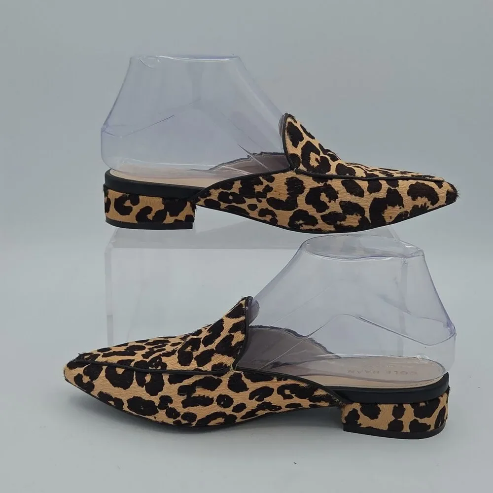 Cole Haan Piper Ocelot Leopard Calf Hair Loafer Mules Pointed Toe Slides Sz 6